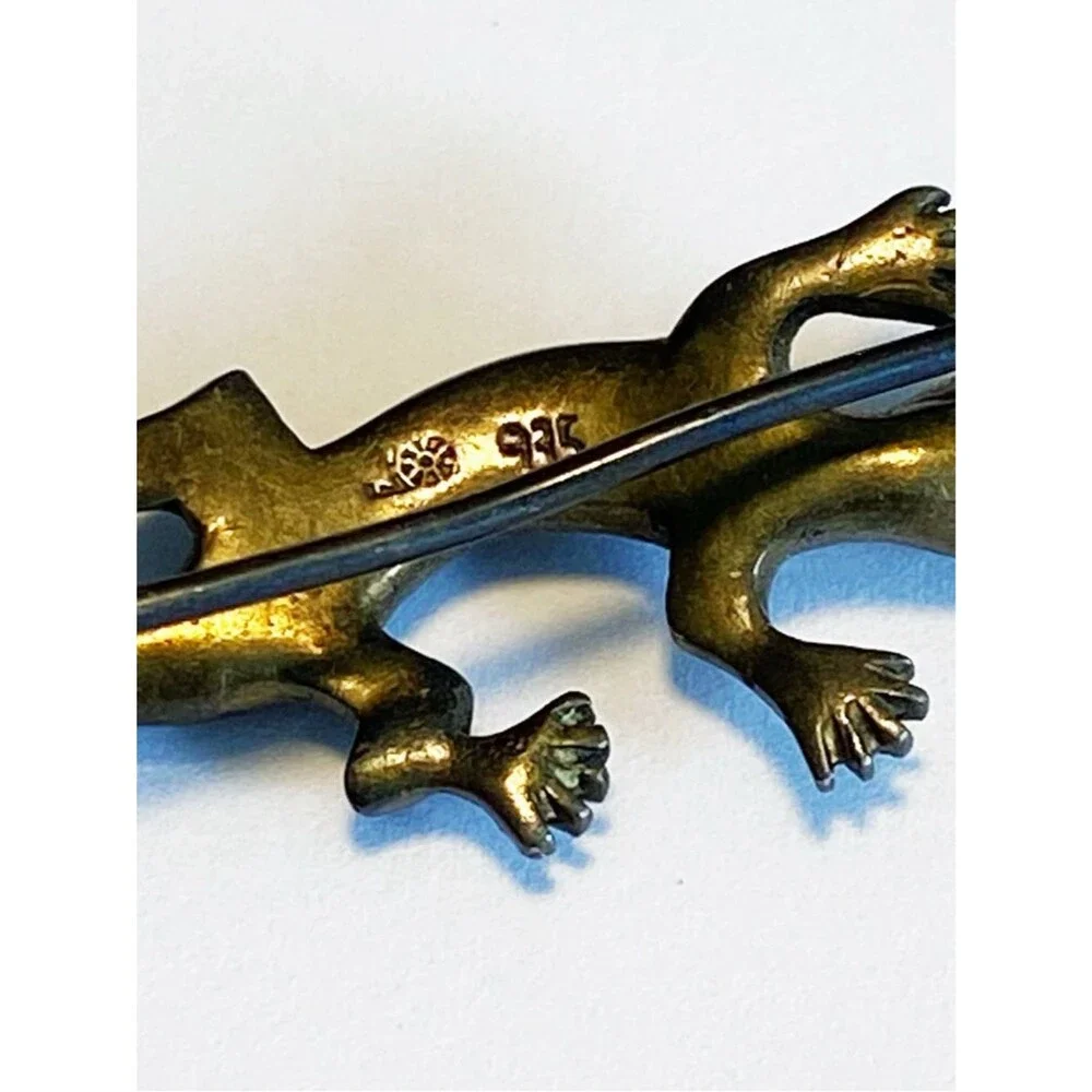 Vintage Sterling Silver Lizard Brooch with Clear Crystal Accents and Red Eyes
